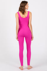 Fuchsia V-Neck Seamless Ribbed Fitted Jumpsuit