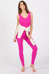 Fuchsia V-Neck Seamless Ribbed Fitted Maternity Jumpsuit