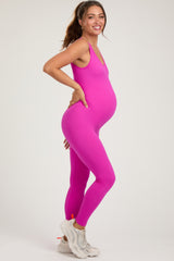 Fuchsia V-Neck Seamless Ribbed Fitted Maternity Jumpsuit