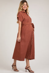 Rust Collared Front Button Maternity Midi Dress