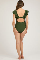 Olive Crochet Detail Ruched Maternity One Piece Swimsuit