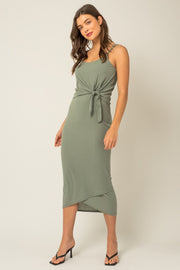 Sage Sleeveless Ribbed Waist Tie Wrapped Hem Dress