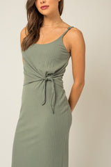 Sage Sleeveless Ribbed Waist Tie Wrapped Hem Dress