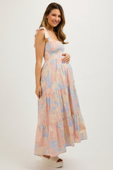 Multicolor Pastel Print Shoulder Tie Tiered Maternity Midi Dress