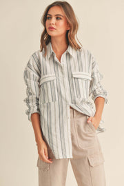 Ivory Striped Front Pocket Button Up Top