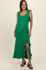 Green Textured Sleeveless Ruffle Slit Maternity Maxi Dress