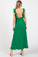 Green Textured Sleeveless Ruffle Slit Maxi Dress