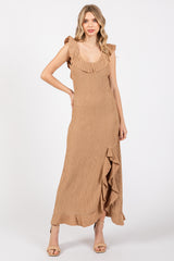 Mocha Textured Sleeveless Ruffle Slit Maxi Dress