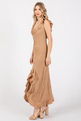 Mocha Textured Sleeveless Ruffle Slit Maxi Dress