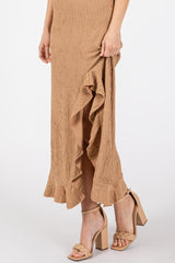 Mocha Textured Sleeveless Ruffle Slit Maxi Dress