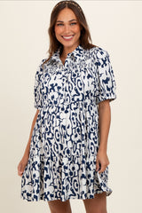 Navy Printed Collared Tiered Maternity Dress