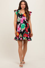 Black Floral Ruffle Shoulder Maternity Dress