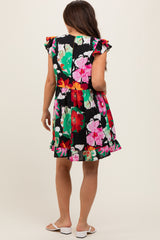 Black Floral Ruffle Shoulder Maternity Dress