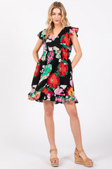 Black Floral Ruffle Shoulder Dress