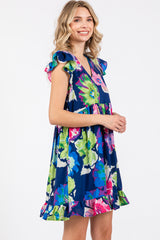 Navy Blue Floral Ruffle Shoulder Dress