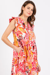 Coral Floral Flutter Sleeve Tiered Midi Dress