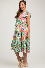 Green Floral Flutter Sleeve Tiered Maternity Midi Dress