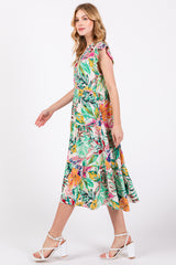 Green Floral Flutter Sleeve Tiered Midi Dress