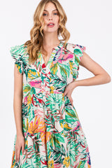 Green Floral Flutter Sleeve Tiered Midi Dress