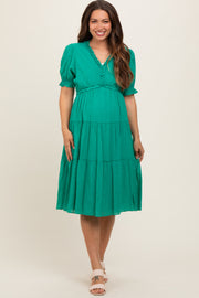 Emerald Green Ruffle Trim Tiered Maternity Dress