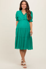 Emerald Green Ruffle Trim Tiered Maternity Dress