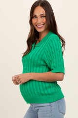 Green Knit Button Collared Maternity Top