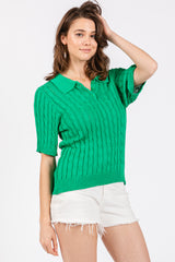 Green Knit Button Collared Top