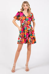 Multi-Color Floral Puff Sleeve Ruffle Hem Dress