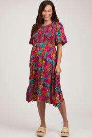 Fuchsia Multi-Color Floral Smocked Puff Sleeve Maternity Dress