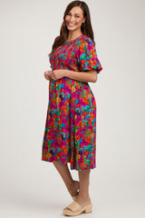 Fuchsia Multi-Color Floral Smocked Puff Sleeve Maternity Dress