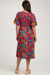 Fuchsia Multi-Color Floral Smocked Puff Sleeve Maternity Dress