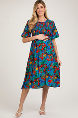 Blue Multi-Color Floral Smocked Puff Sleeve Maternity Dress