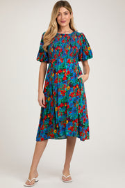 Blue Multi-Color Floral Smocked Puff Sleeve Maternity Dress