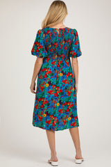 Blue Multi-Color Floral Smocked Puff Sleeve Maternity Dress