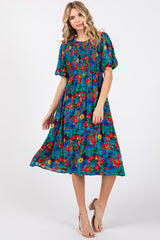 Blue Multi-Color Floral Smocked Puff Sleeve Dress