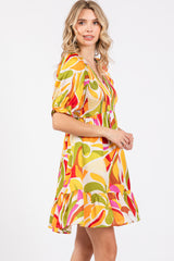 Yellow Abstract Print Smocked Dress