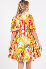 Yellow Abstract Print Smocked Dress