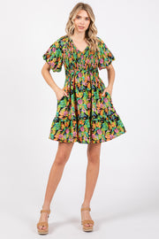 Green Multi-Color Tropical Print Ruffle Hem Dress