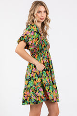 Green Multi-Color Tropical Print Ruffle Hem Dress