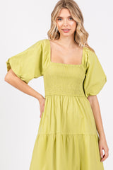 Light Olive Smocked Square Neck Puff Sleeve Tiered Maxi Dress