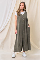 Olive Ribbed Sleeveless Button Front Maternity Jumpsuit