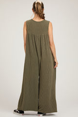 Olive Ribbed Sleeveless Button Front Maternity Jumpsuit