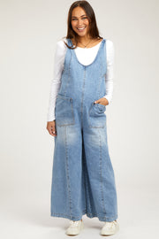 Blue Round Neck Wide Leg Maternity Overalls