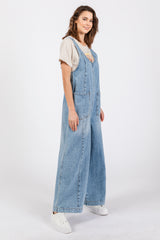 Blue Round Neck Wide Leg Overalls