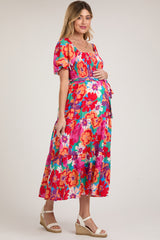 Red Floral Square Neck Smocked Tiered Maternity Midi Dress