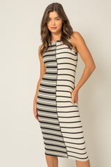 Ivory Striped Sleeveless Maternity Midi Dress