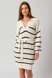 White-Black Striped Knit Collared Long Sleeve Sweater Dress