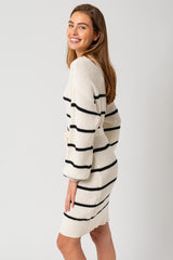 White-Black Striped Knit Collared Long Sleeve Sweater Dress