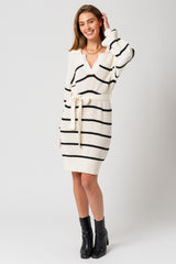 White-Black Striped Knit Collared Long Sleeve Sweater Dress