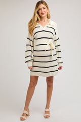 White-Black Striped Knit Collared Long Sleeve Maternity Sweater Dress